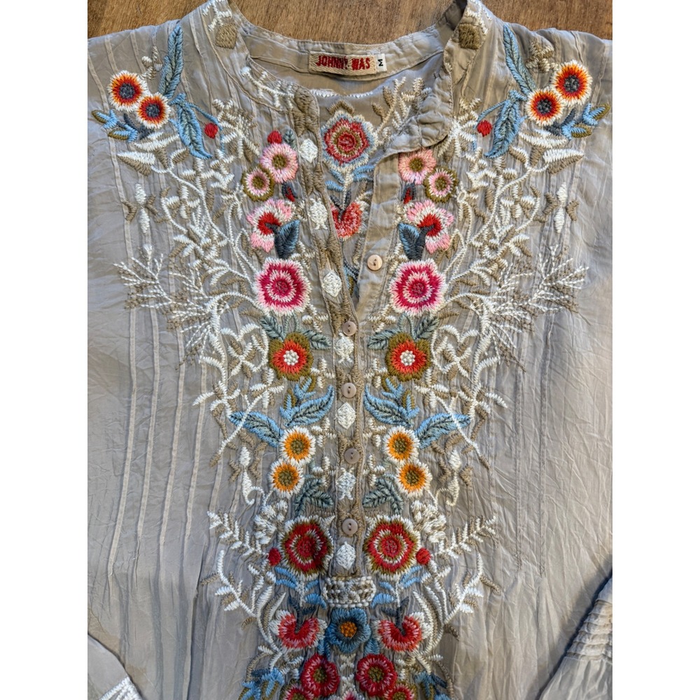 Johnny Was Embroidered Floral Dress Rayon Beige Boho C82763 Medium - Picture 7 of 11